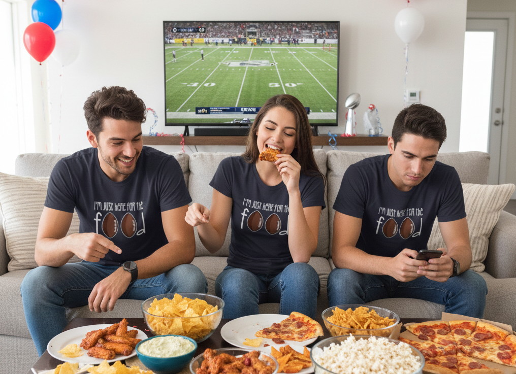 Friends watching the super bowl game with a funny quote on their custom T-shirts says "I'm just here for the food" 