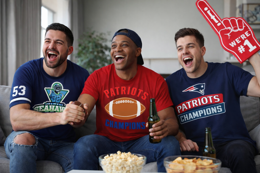 Group of friends cheering for their favorite teams in the super bowl game, with their customized team shirts. 