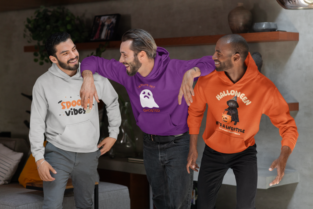 group of friends wearing matching custom hoodies for their Halloween party